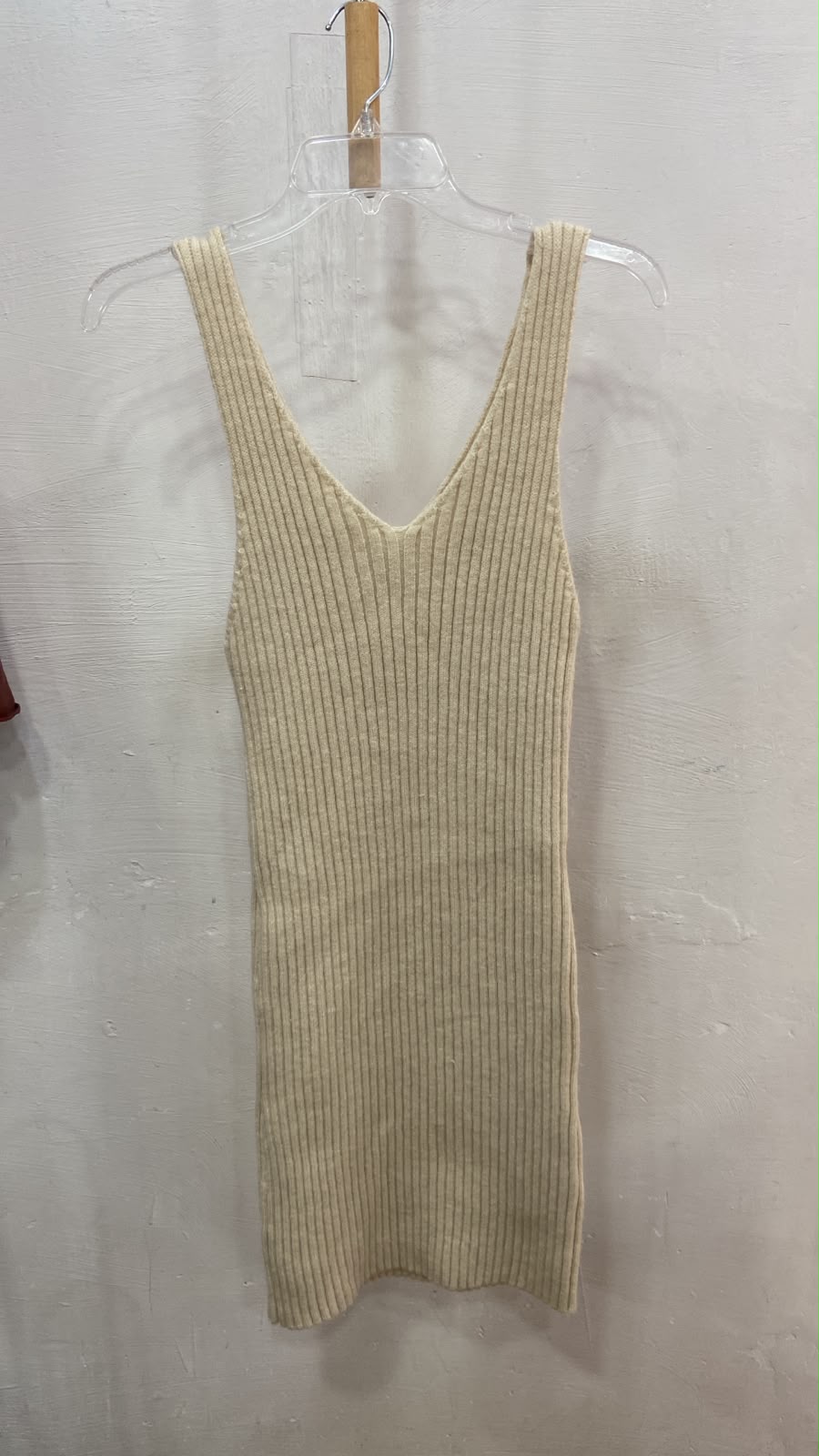 Cream Sleeveless V-Neck Knit Dress with Ribbed Texture
