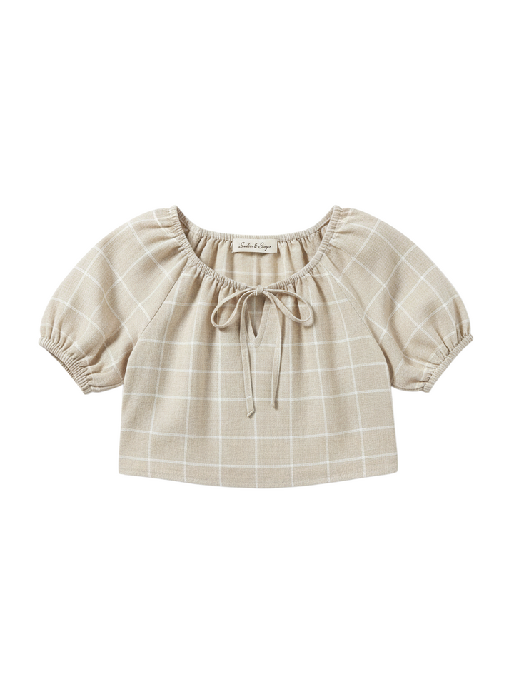 Blusa Corto con Mangas Abullonadas Color Beige Cuadrada