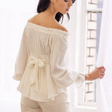 Blusa Off Shoulder con Volantes Manga Larga Blanca