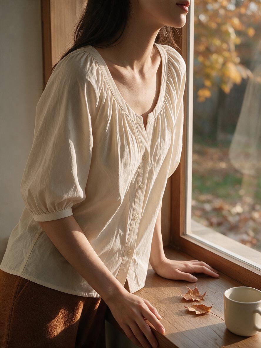 Blusa Crema de Botones con Pliegues - Estilo Boutique