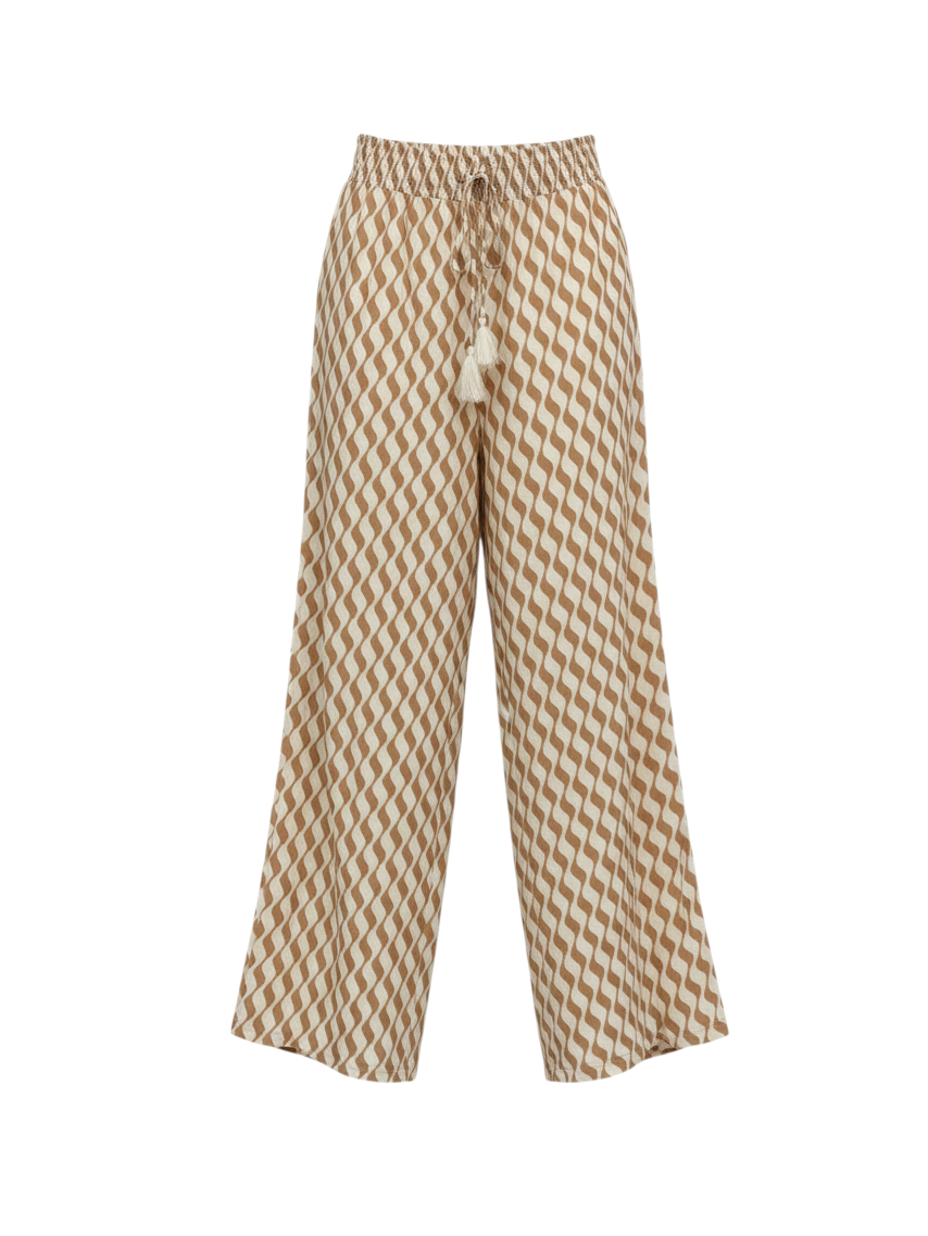 Pantalones Wide-Leg Geométricos en Beige con Borlas - Estilo Boutique