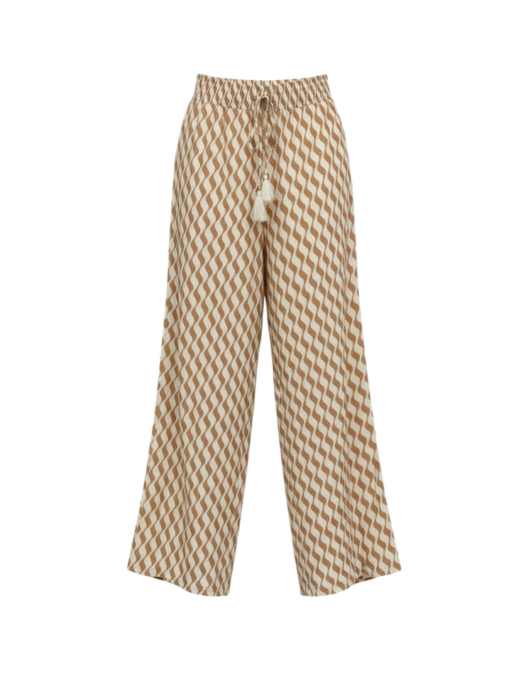 Pantalones Wide-Leg Geométricos en Beige con Borlas - Estilo Boutique