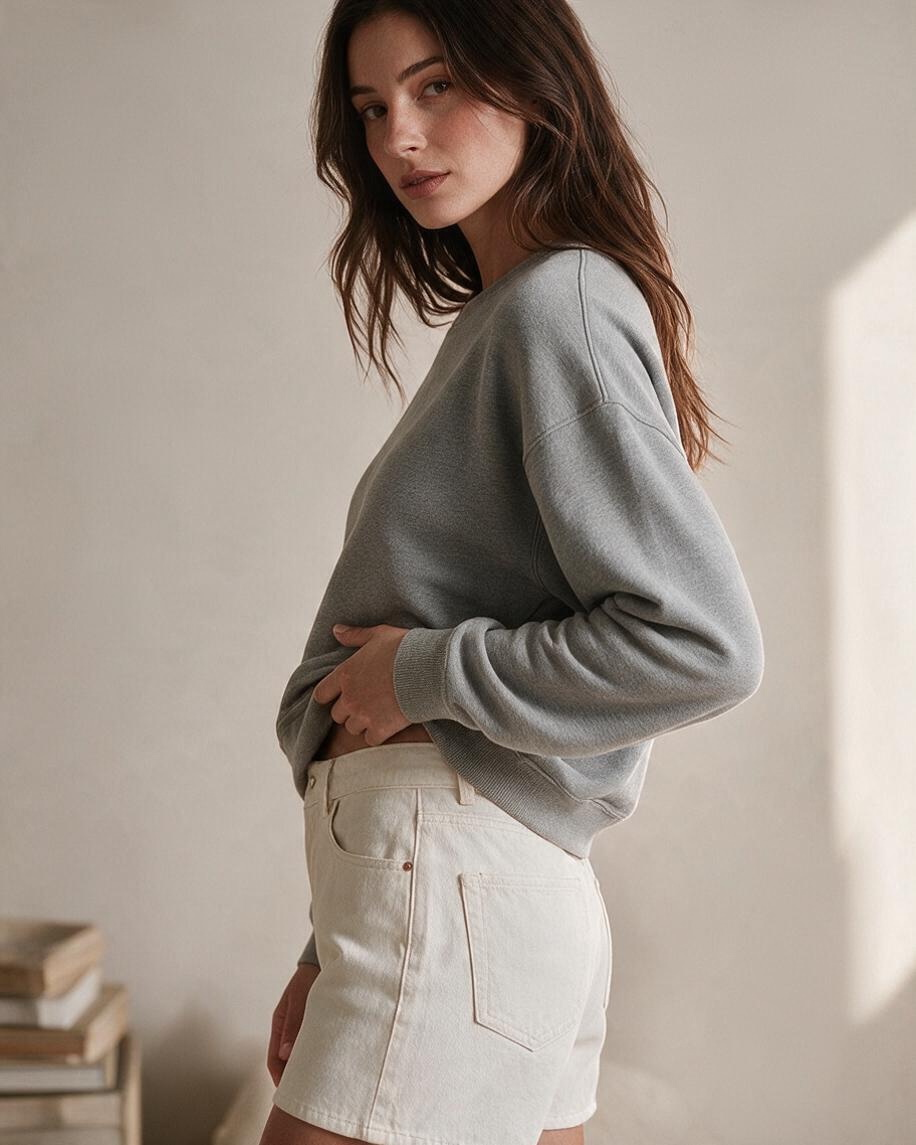 Top Corto Gris de Manga Larga con Detalle de Costuras - Estilo Boutique