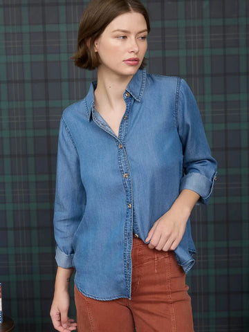 Camisa de Mezclilla Chambray con Cuello y Manga 3/4 con Botón