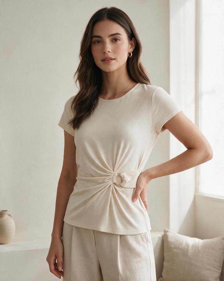 Blusa Crema de Manga Corta con Detalle de Nudo - Estilo Boutique