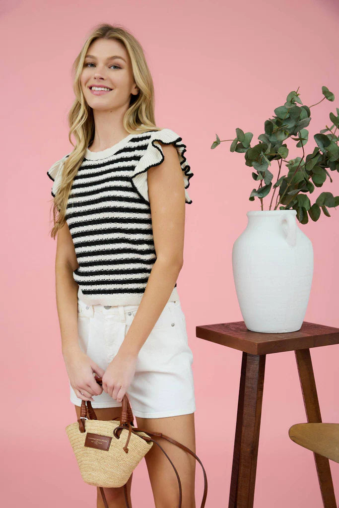 Black and White Striped Knit Top with Ruffle Sleeves