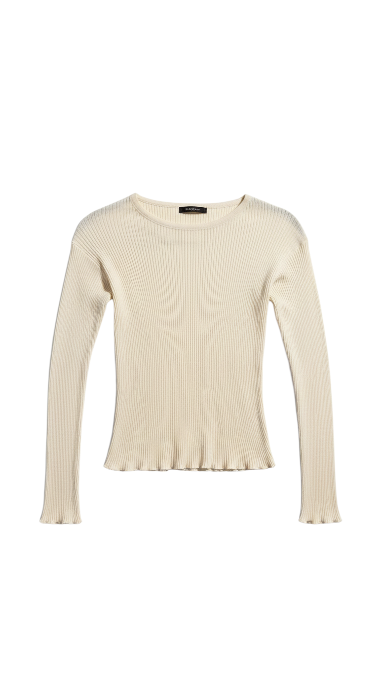 Top de Canalé Crema con Manga Larga y Dobladillo Deshilachado