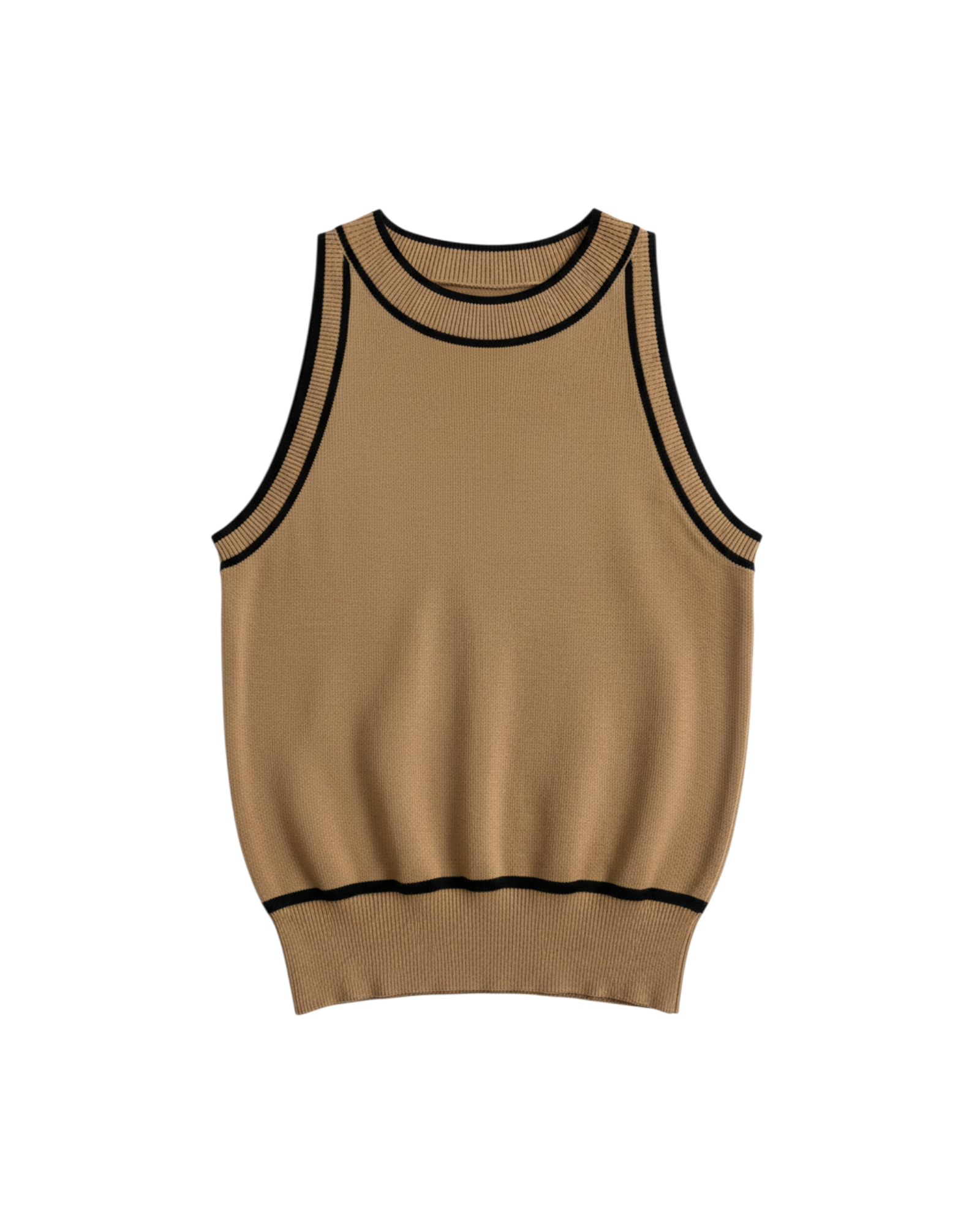 Top de punto Yanet Collective beige sin mangas con elegante ribete negro en cuello y dobladillo