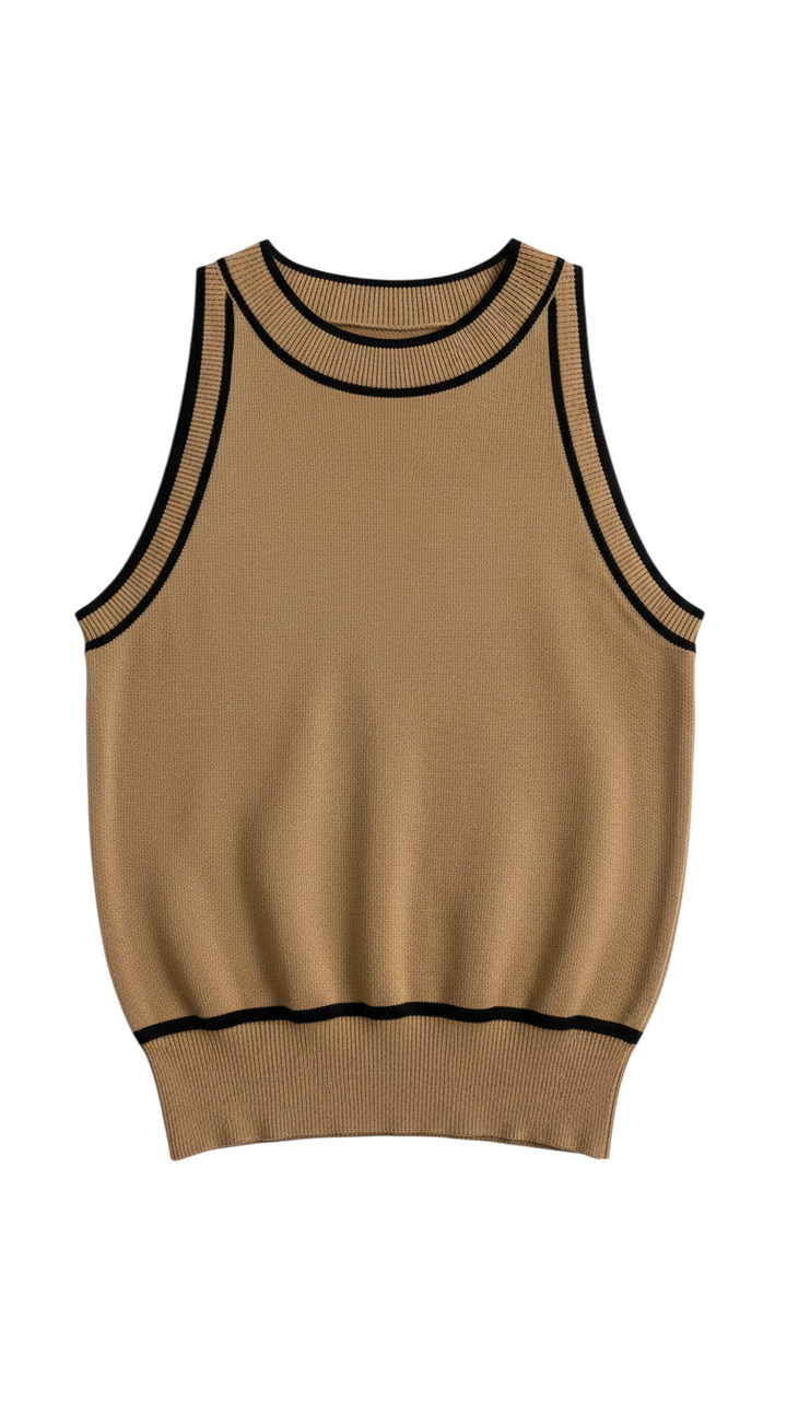 Top de Punto Sin Mangas Beige con Ribete Negro - Estilo Boutique