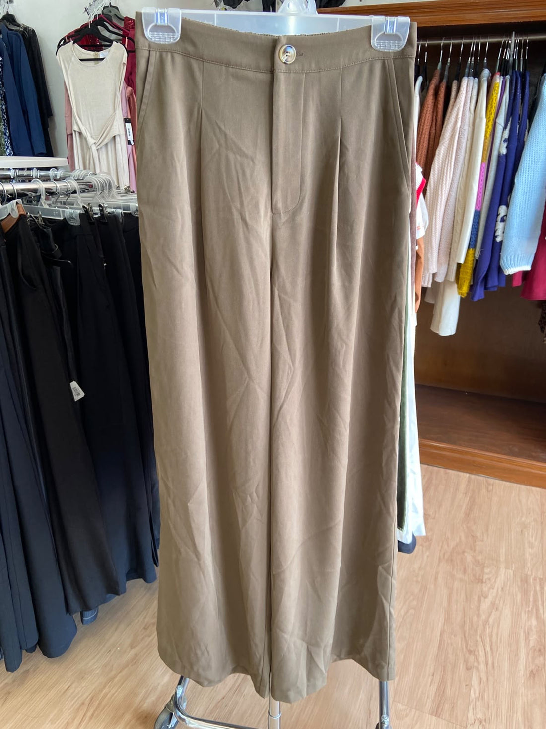 Beige Pleated High-Waist Trousers with Button Detail