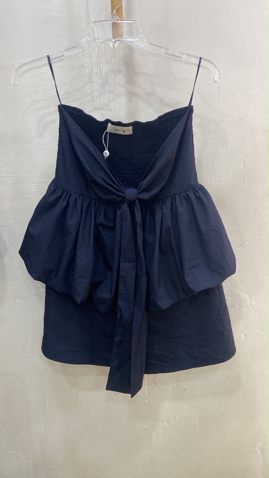 Navy Strapless Smocked Top with Bow Detail