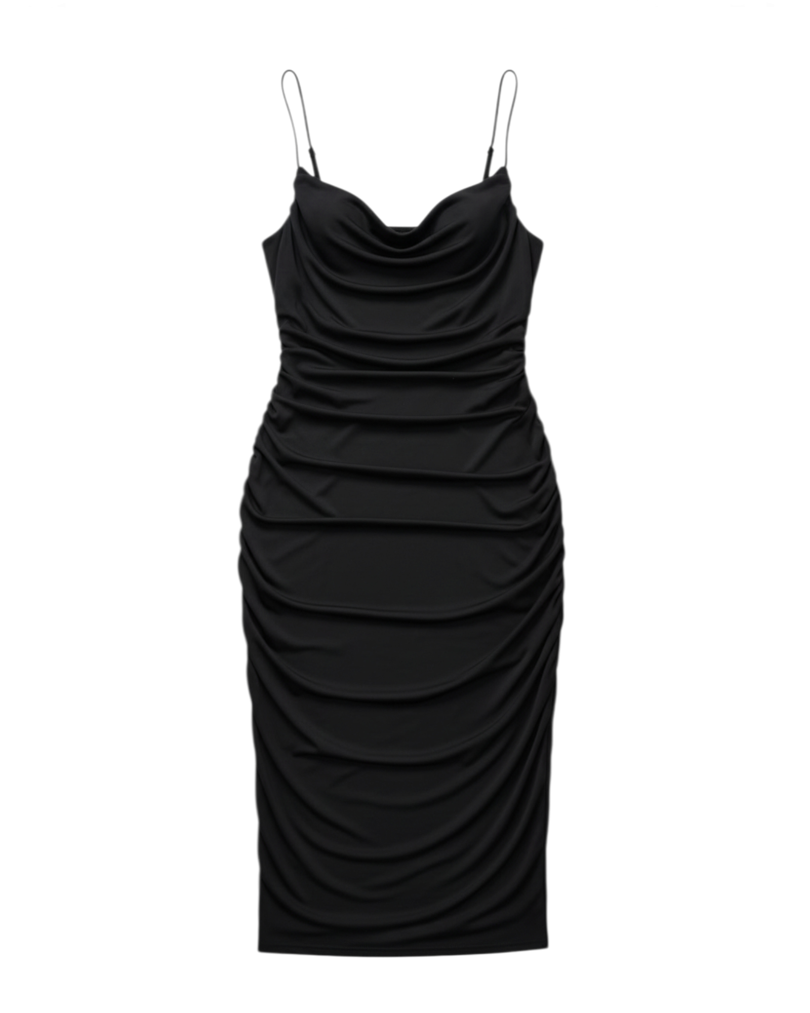 Vestido negro Yanet Collective con escote drapeado, tirantes finos y detalle fruncido en tejido elástico ajustado