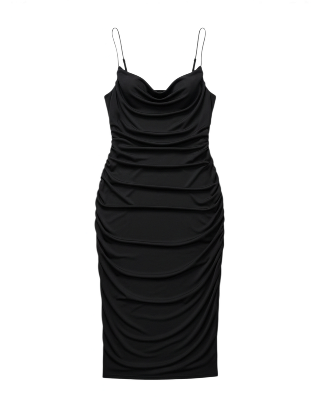 Vestido negro Yanet Collective con escote drapeado, tirantes finos y detalle fruncido en tejido elástico ajustado