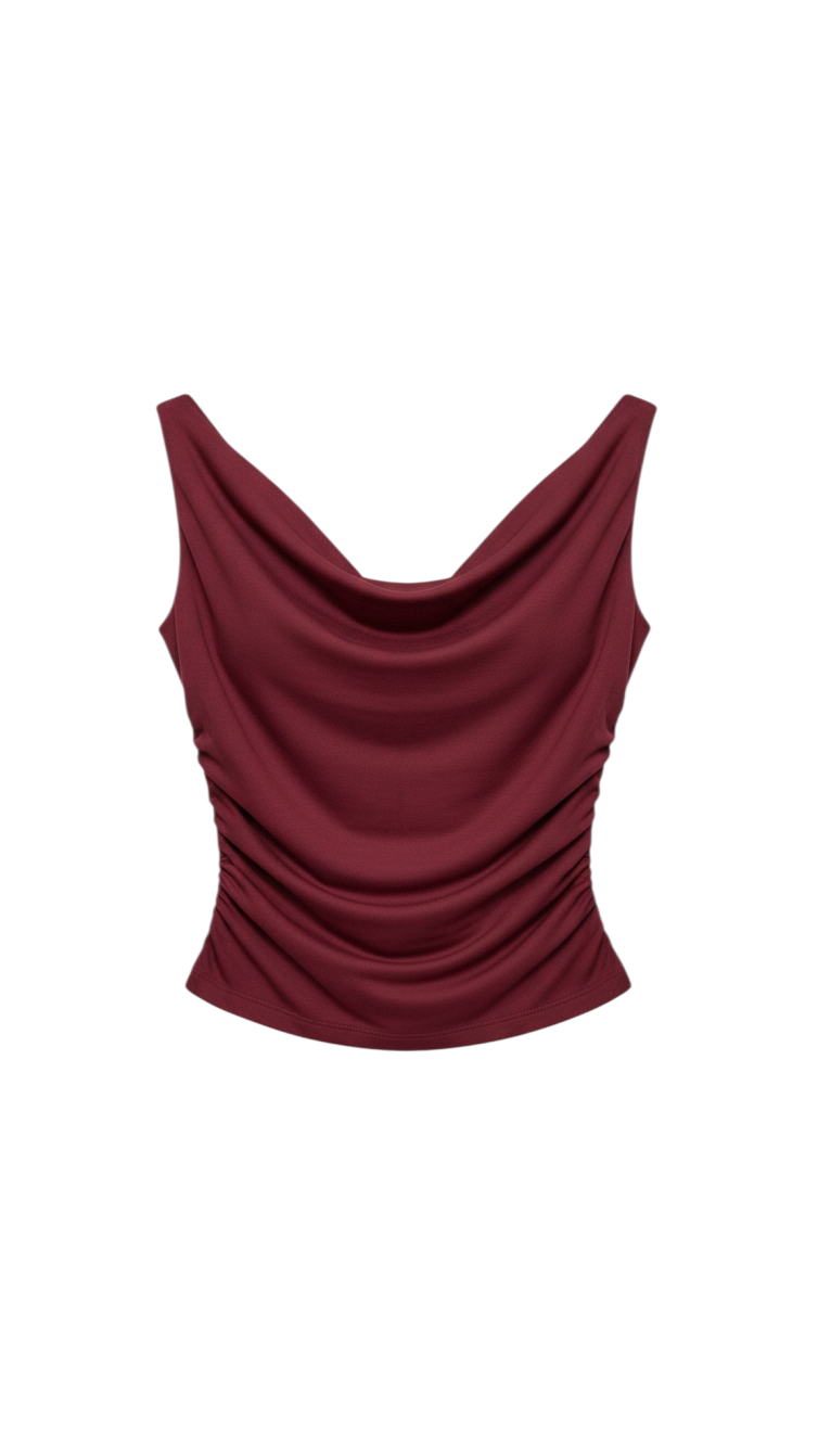 Burgundy Sleeveless Ruched Top with Drawstring Detail