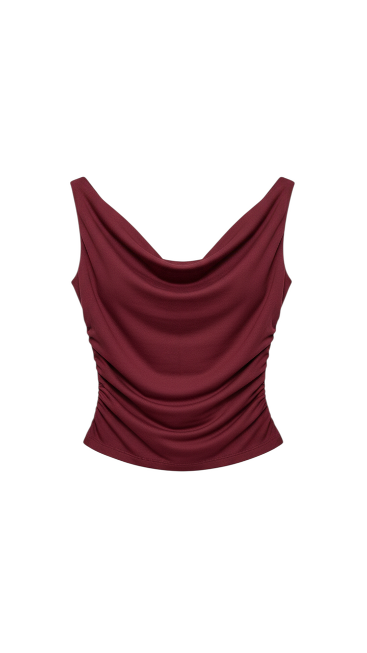 Burgundy Sleeveless Ruched Top with Drawstring Detail