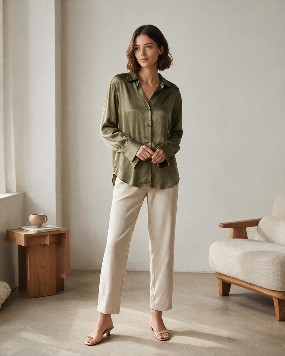 Camisa de Botones Olive con Puños Doblados - Estilo Boutique