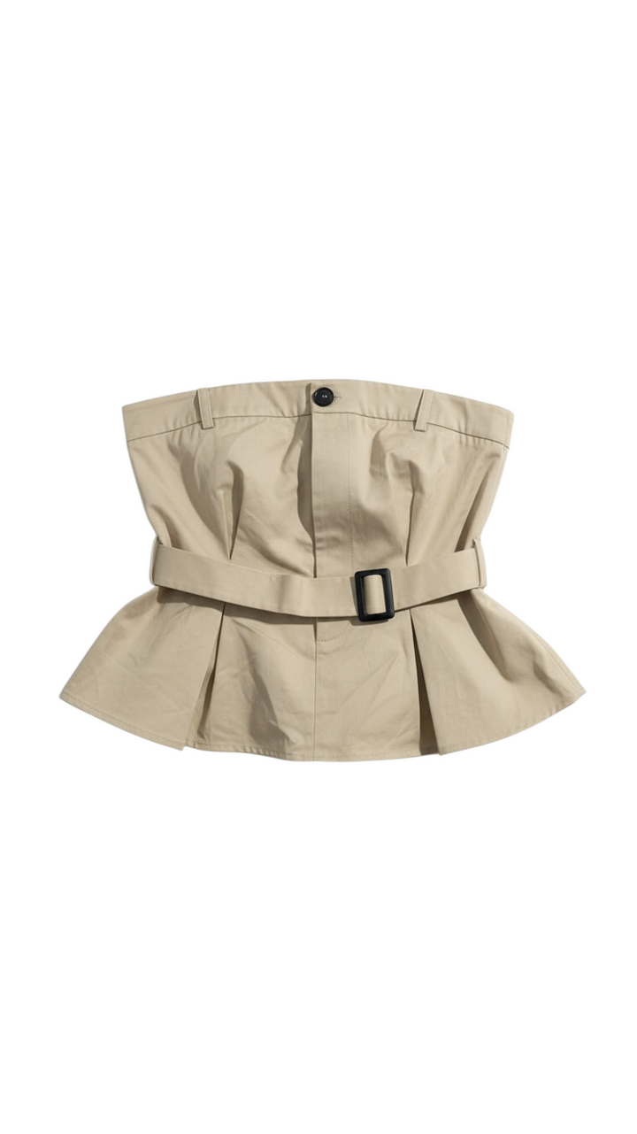 Beige Strapless Peplum Top with Belt Detail