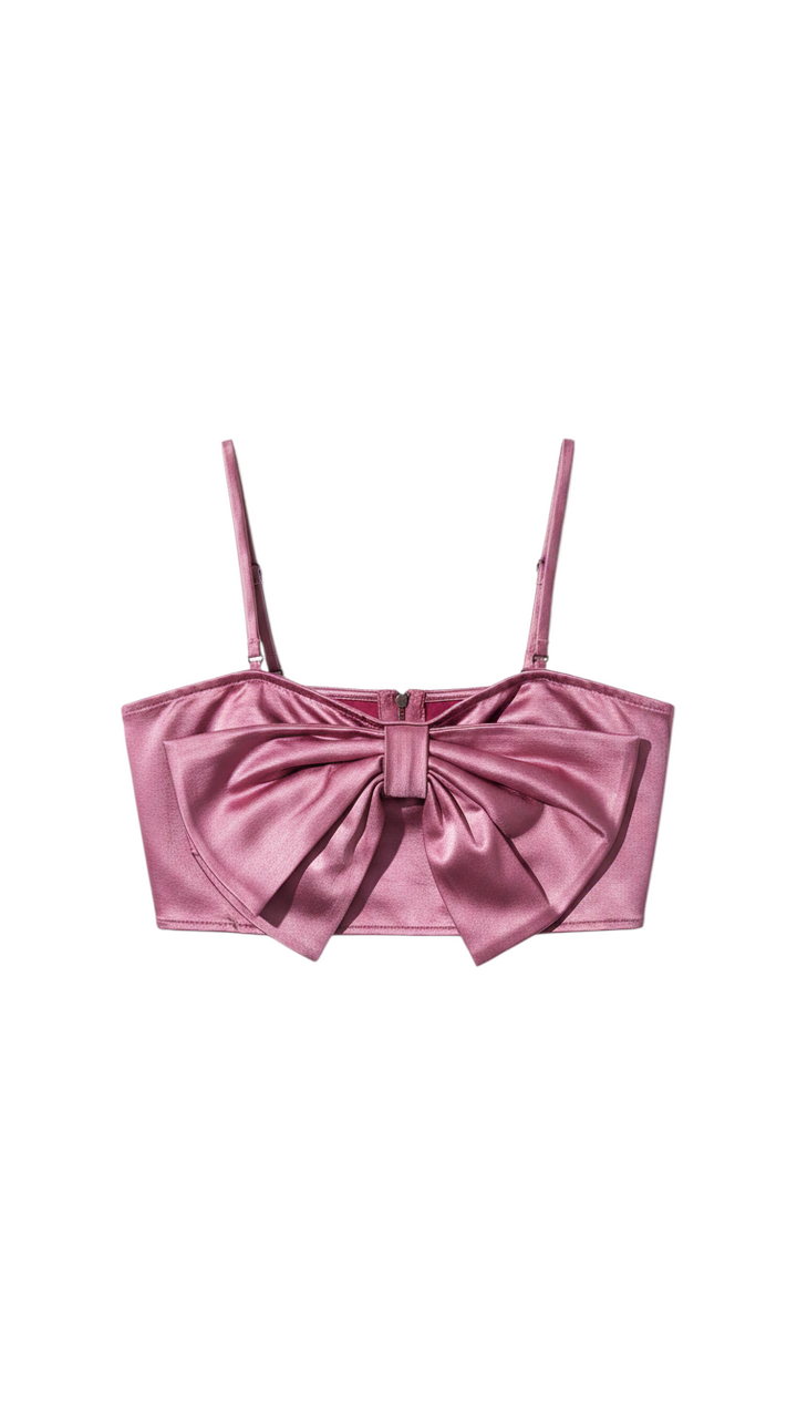 Pink Spaghetti Strap Crop Top with Bow Detail