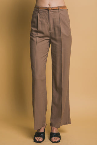 Pantalones de Lino Pierna Ancha con Cinturón Cafe