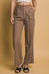 Pantalones de Lino Pierna Ancha con Cinturón Cafe