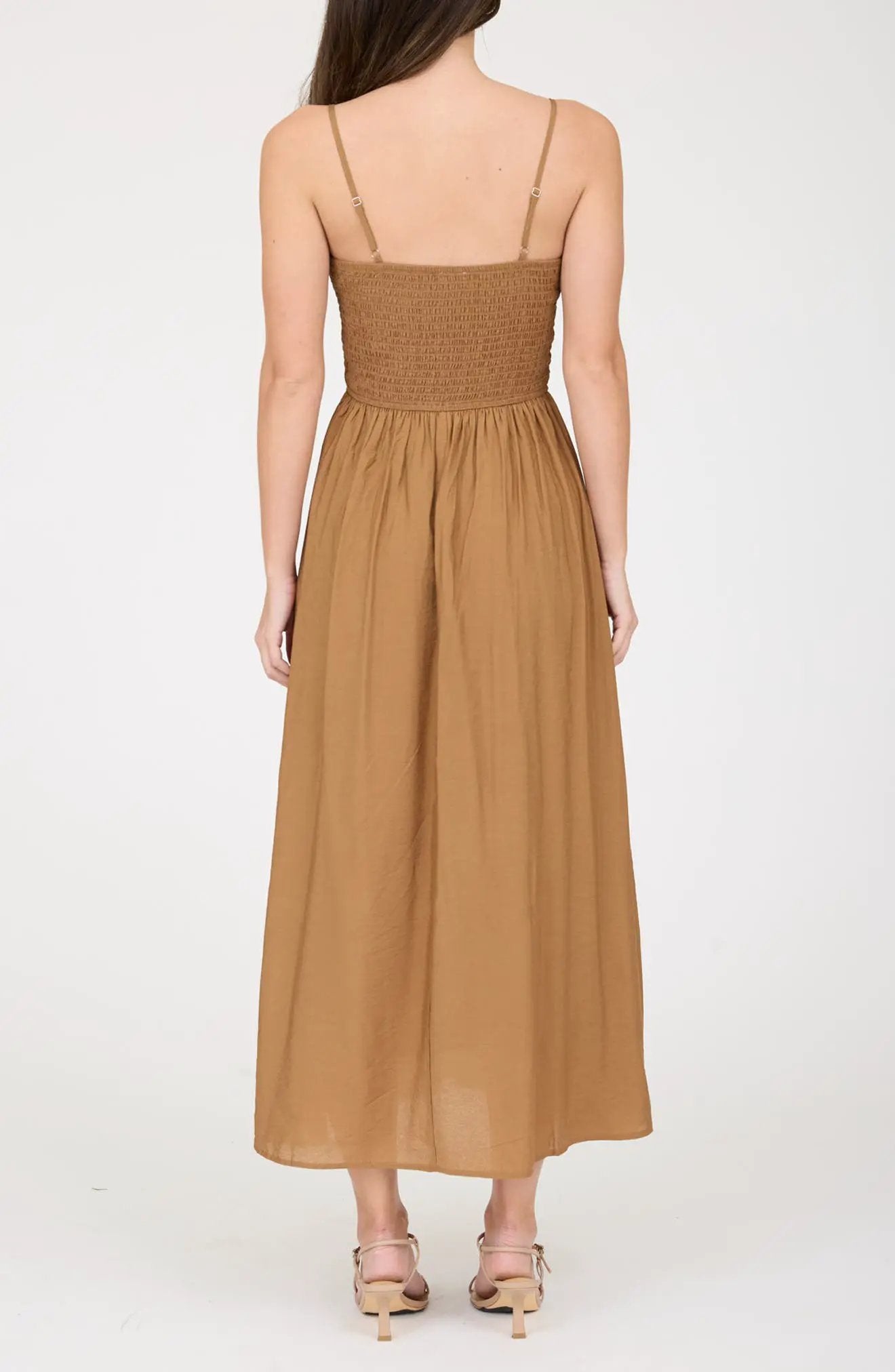 shopblupepper Brown Smocked Basque Waist Spaghetti Strap Midi Dress – A-Line Lined Summer Dress - Dress