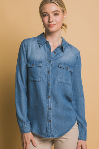 Camisa Blusa Mujer Denim Azul Mangas Largas