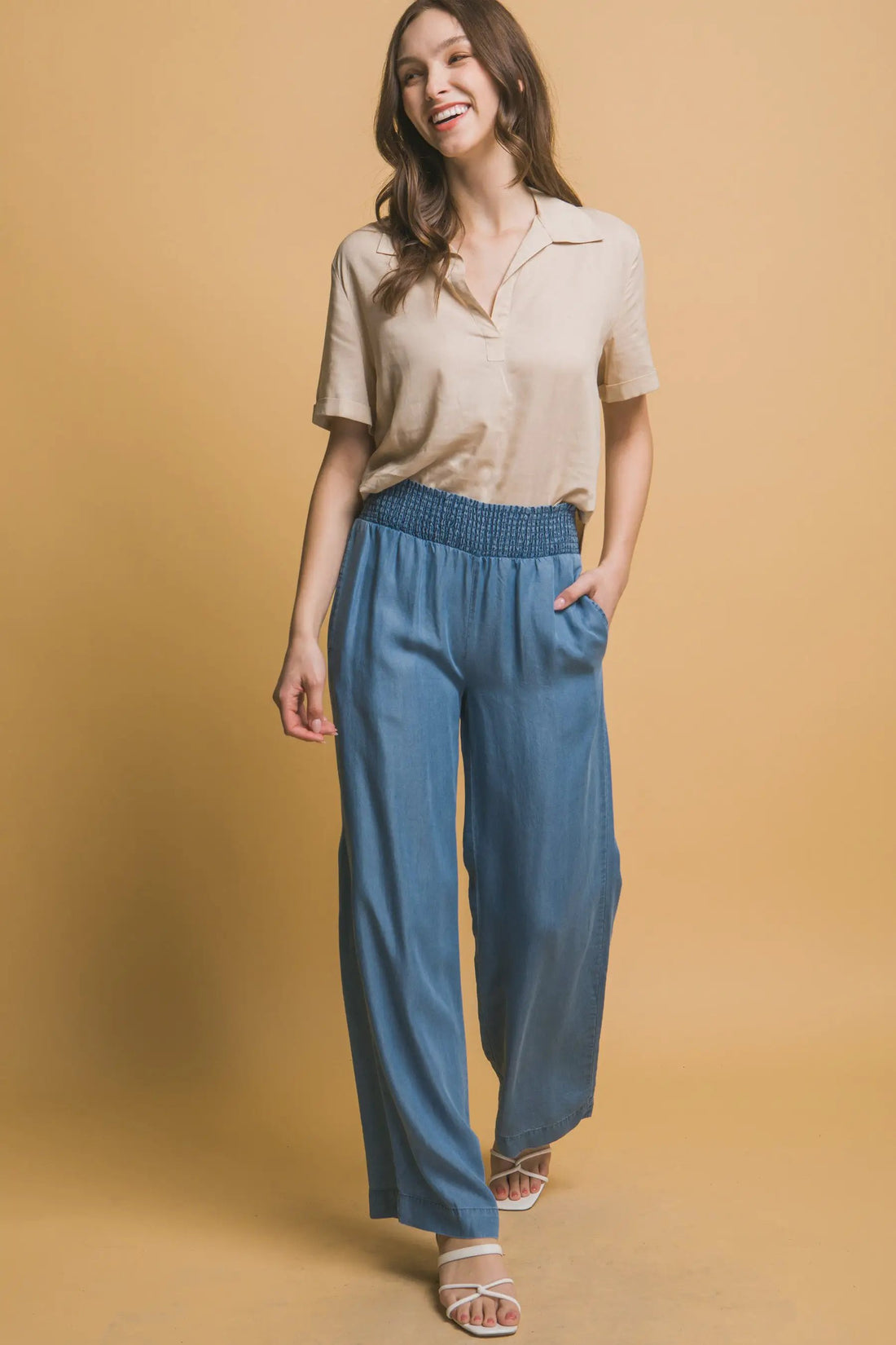 LOVE TREE Pantalones Casuales de Cintura Alta con Smock para Mujer - LOVE TREE - Pants