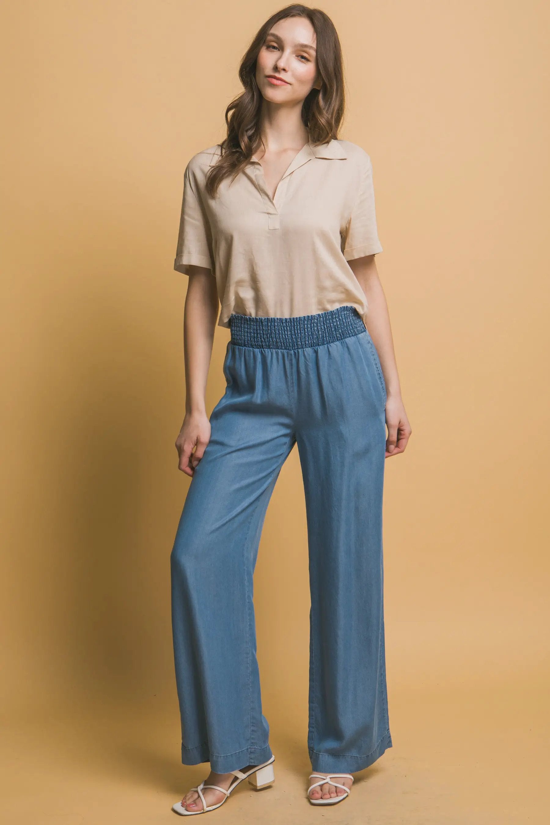 LOVE TREE Pantalones Casuales de Cintura Alta con Smock para Mujer - LOVE TREE - Pants