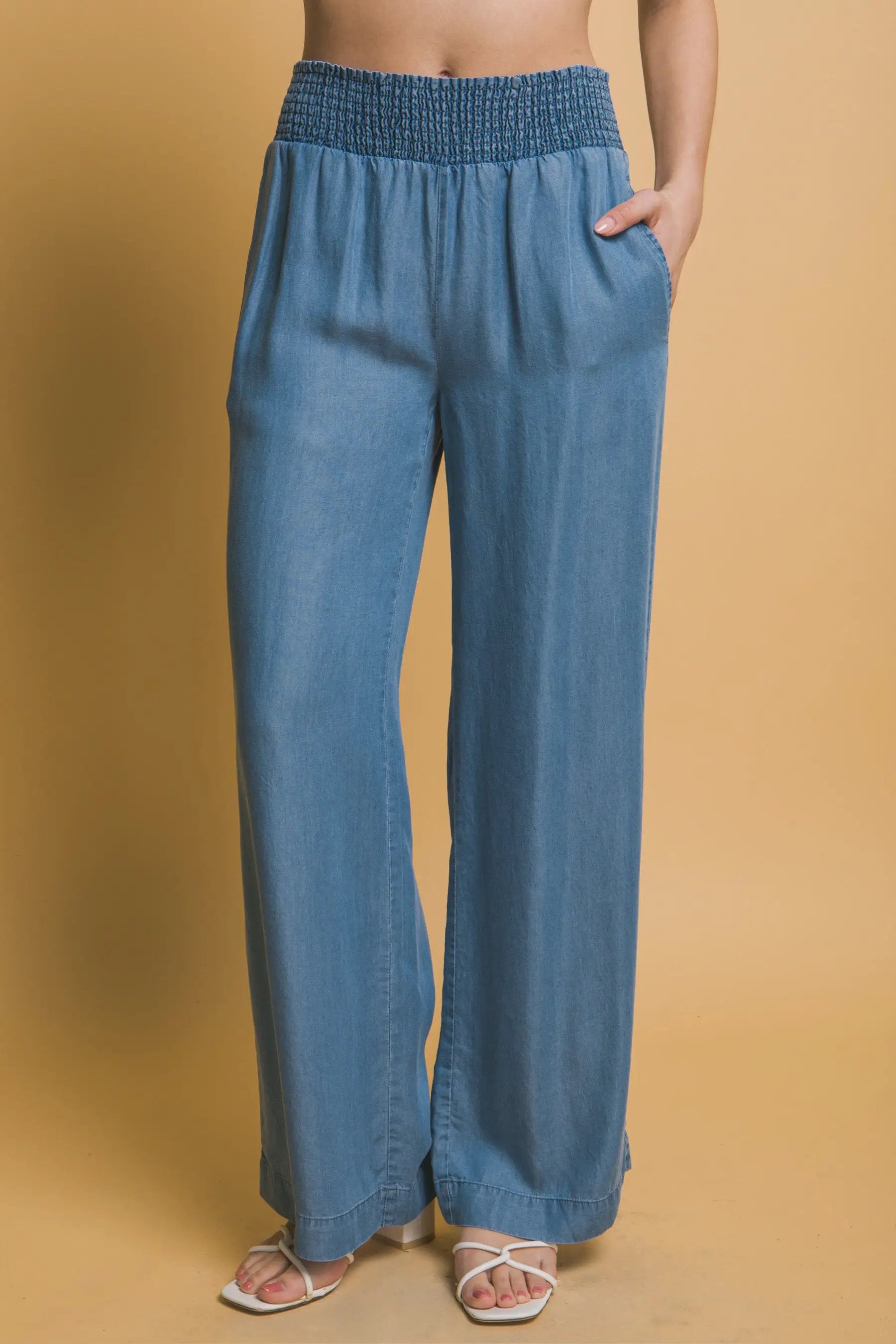 LOVE TREE Pantalones Casuales de Cintura Alta con Smock para Mujer - LOVE TREE - Pants