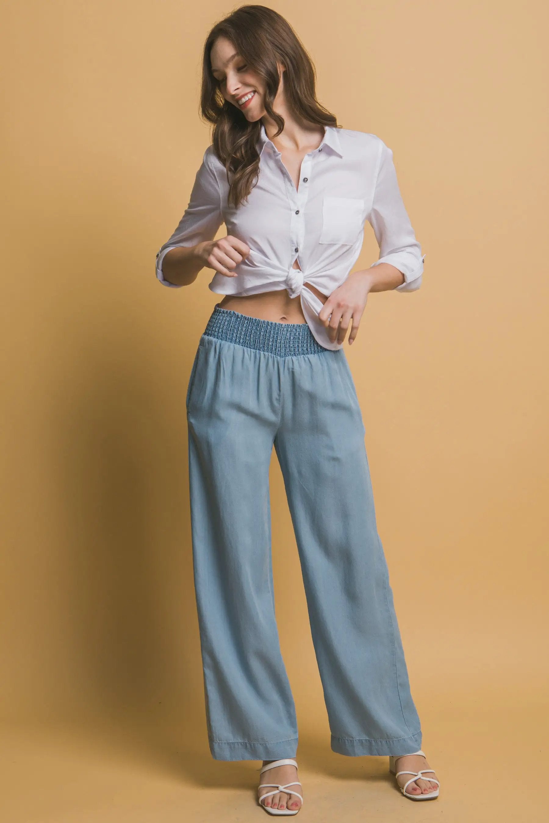 LOVE TREE Pantalones Casuales de Cintura Alta con Smock para Mujer - LOVE TREE - Pants
