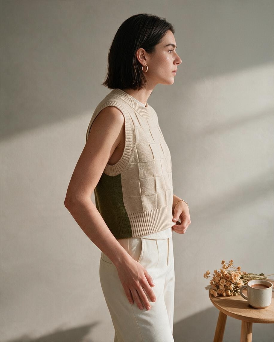 Top Corto de Punto Beige con Detalles en Verde - Estilo Boutique