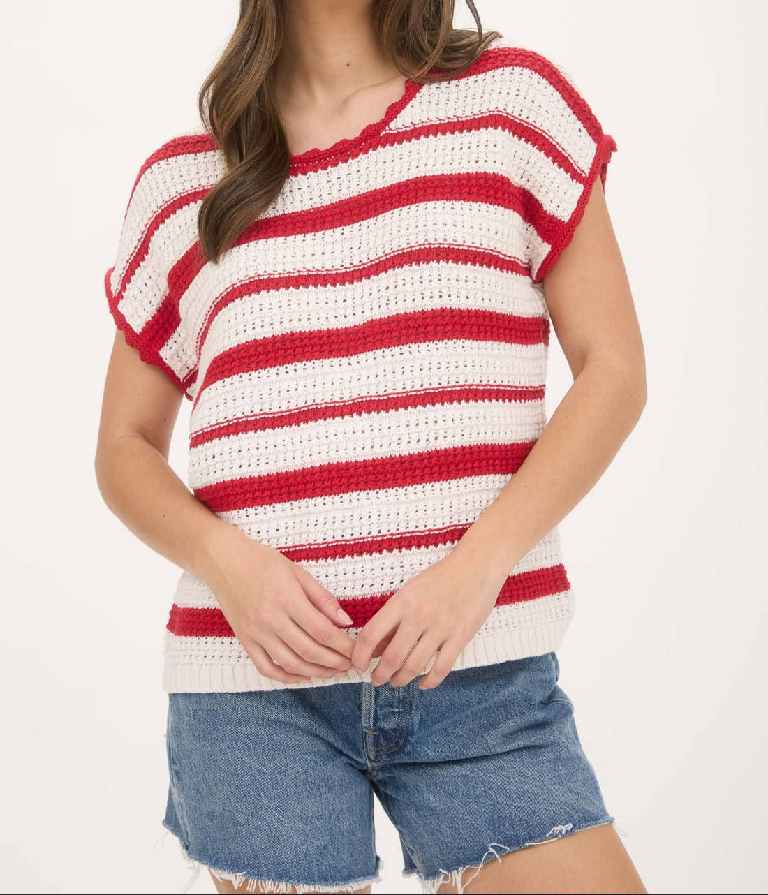 Cream Striped Short Sleeve Sweater with Ruffle Trim