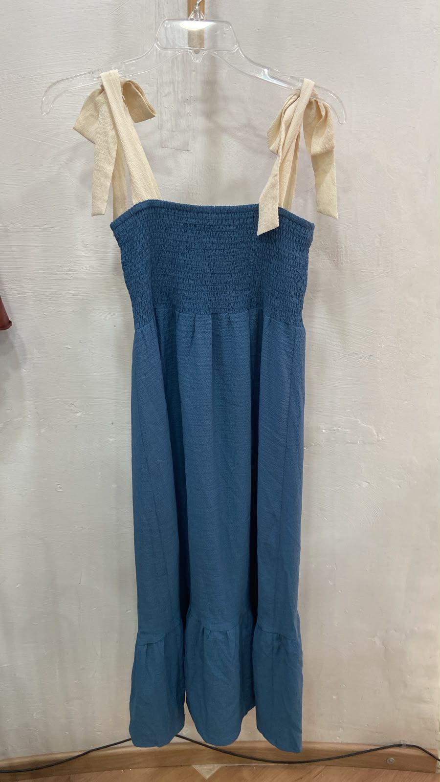 Blue Smocked Midi Dress with Tie Straps