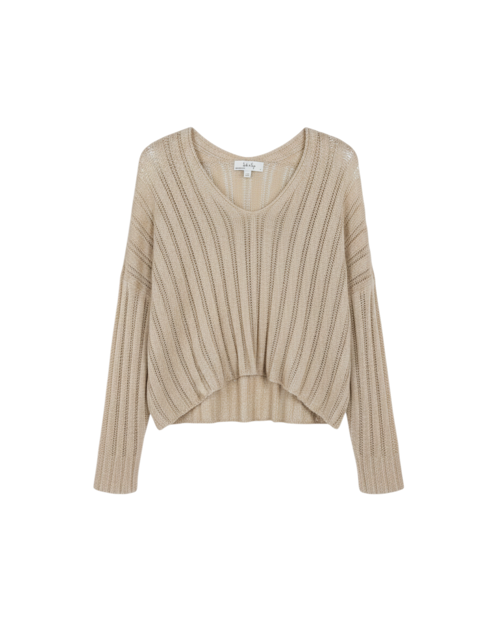 Suéter Yanet Collective beige de punto con tejido abierto, escote en V y corte relajado de mangas largas.