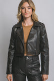 Chamarra Cafe Marron biker corta de piel sintética para mujer | Estilo moto con cierre frontal y solapa clásica