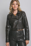 Chaqueta Moto Cropped de Cuero Sintético Negra con Cremallera Frontal para Mujer