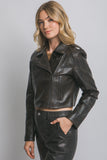 Chaqueta Moto Cropped de Cuero Sintético Negra con Cremallera Frontal para Mujer