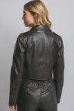 Chaqueta Moto Cropped de Cuero Sintético Negra con Cremallera Frontal para Mujer