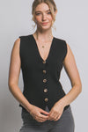 Chaleco Top Tejido Negro de Mujer sin Mangas con Botones Dorados – Elegante Escote en V