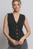 Chaleco Top Tejido Negro de Mujer sin Mangas con Botones Dorados – Elegante Escote en V