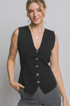Chaleco Top Tejido Negro de Mujer sin Mangas con Botones Dorados – Elegante Escote en V