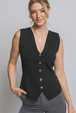 Chaleco Top Tejido Negro de Mujer sin Mangas con Botones Dorados – Elegante Escote en V