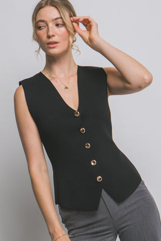 Chaleco Top Tejido Negro de Mujer sin Mangas con Botones Dorados – Elegante Escote en V