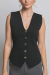 Chaleco Top Tejido Negro de Mujer sin Mangas con Botones Dorados – Elegante Escote en V