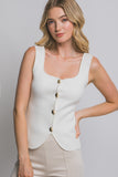 Blusa Top de Punto Sin Mangas Mujer Elegante Escote Corazón con Botones Dorados