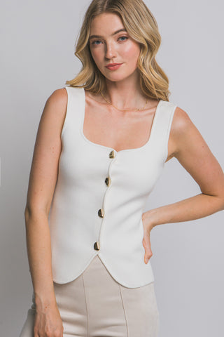 Blusa Top de Punto Sin Mangas Mujer Elegante Escote Corazón con Botones Dorados