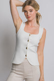 Blusa Top de Punto Sin Mangas Mujer Elegante Escote Corazón con Botones Dorados
