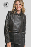 Chaqueta Moto Cropped de Cuero Sintético Negra con Cremallera Frontal para Mujer