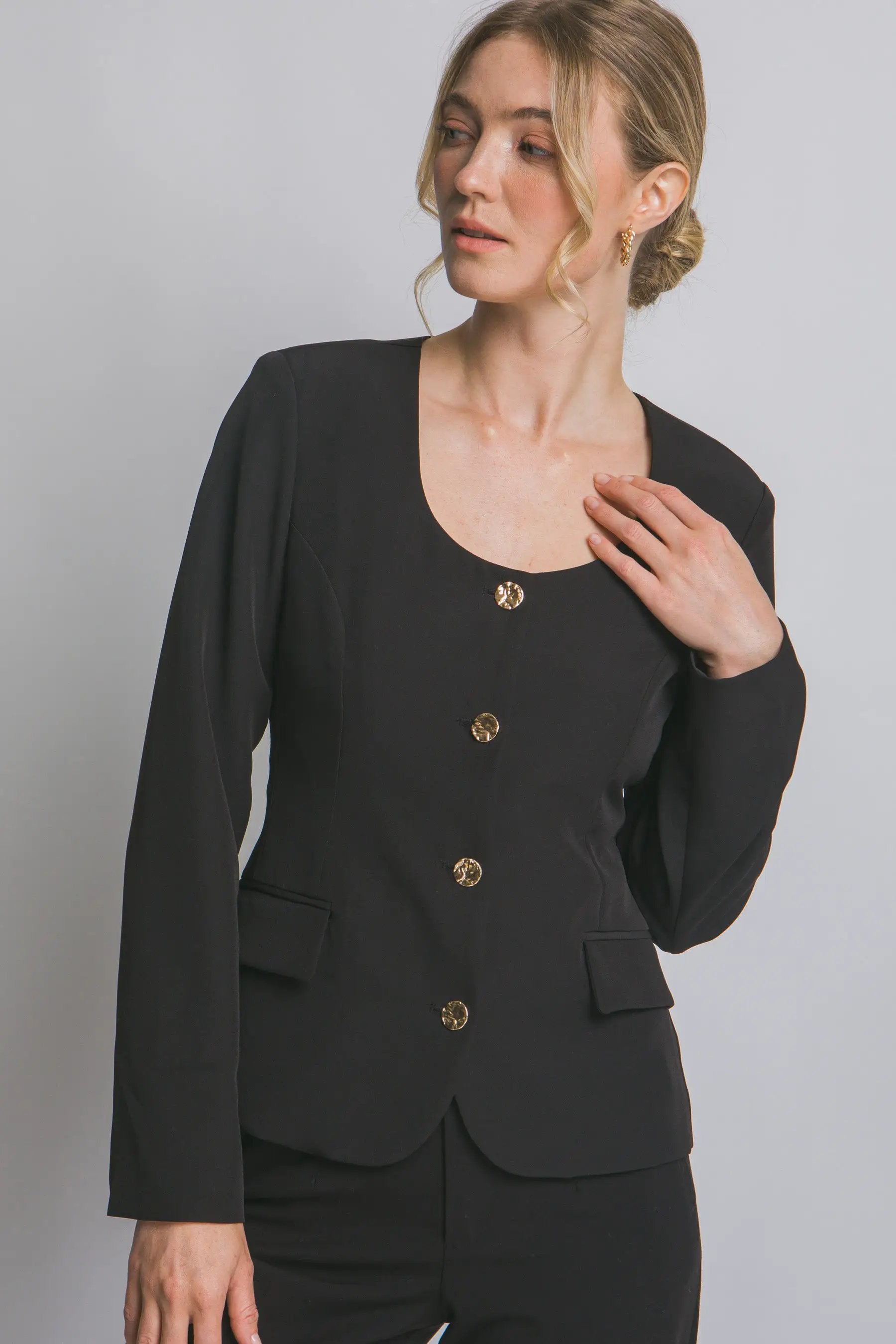 Blazer Blusa Mujer Elegante con Botones Dorados - Estilo Clásico, Color Negro by LOVE TREE