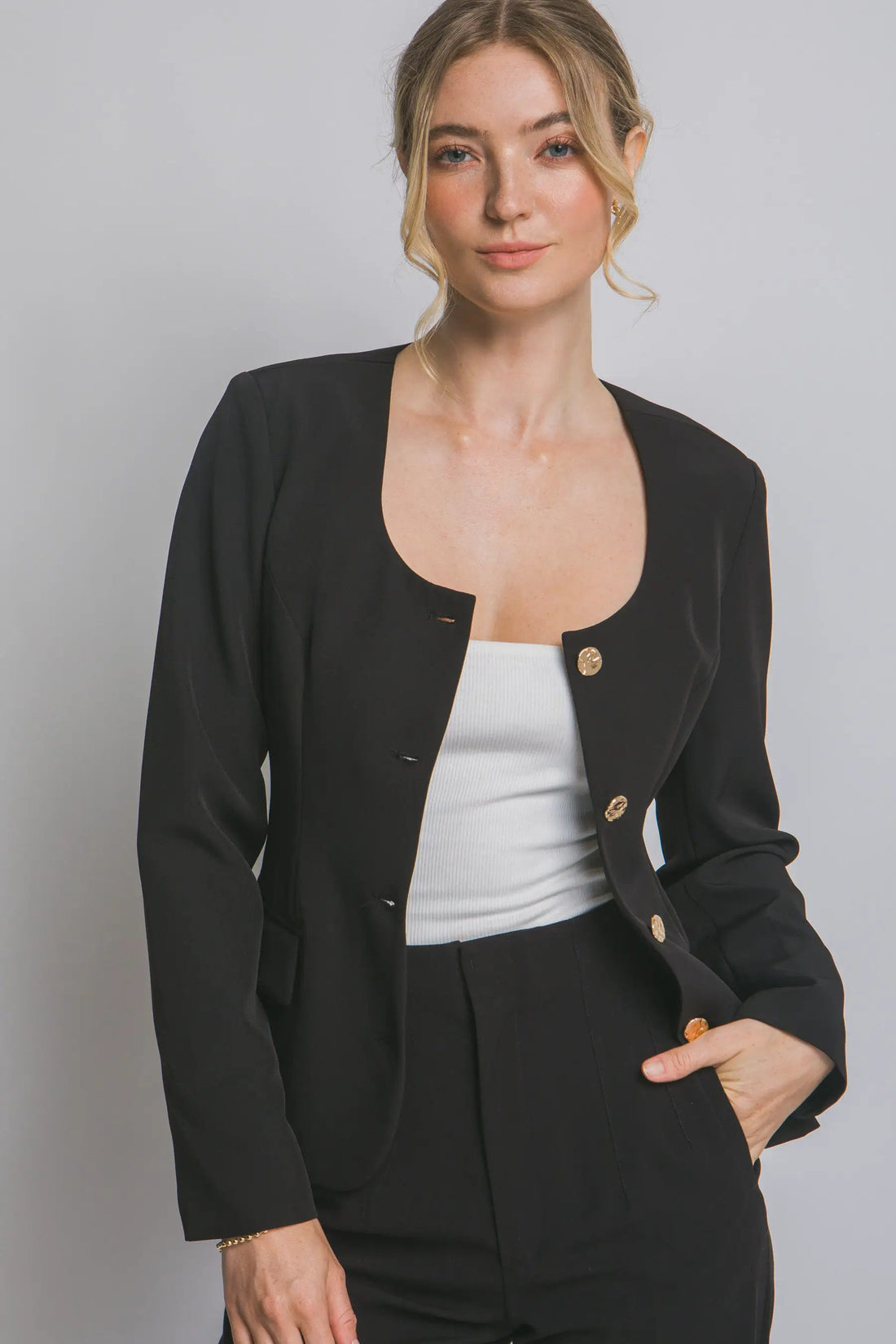 Blazer Blusa Mujer Elegante con Botones Dorados - Estilo Clásico, Color Negro by LOVE TREE